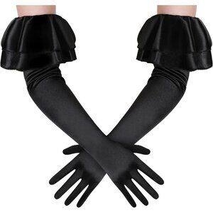 Women's Black Long Satin Ruffle Cuff Stretchy Sleeves Gloves Wedding Costume